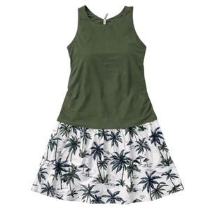 Daci Swim Dress L Olive Green Palm Print Skirted Swimsuit Tropical Tankini L